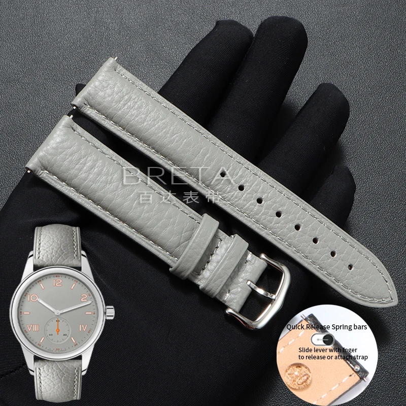 

Quick release leather watch band for Cartier Nomos UNION Omega Replace Wristbands grey cowhide watch strap Butterfly buckle