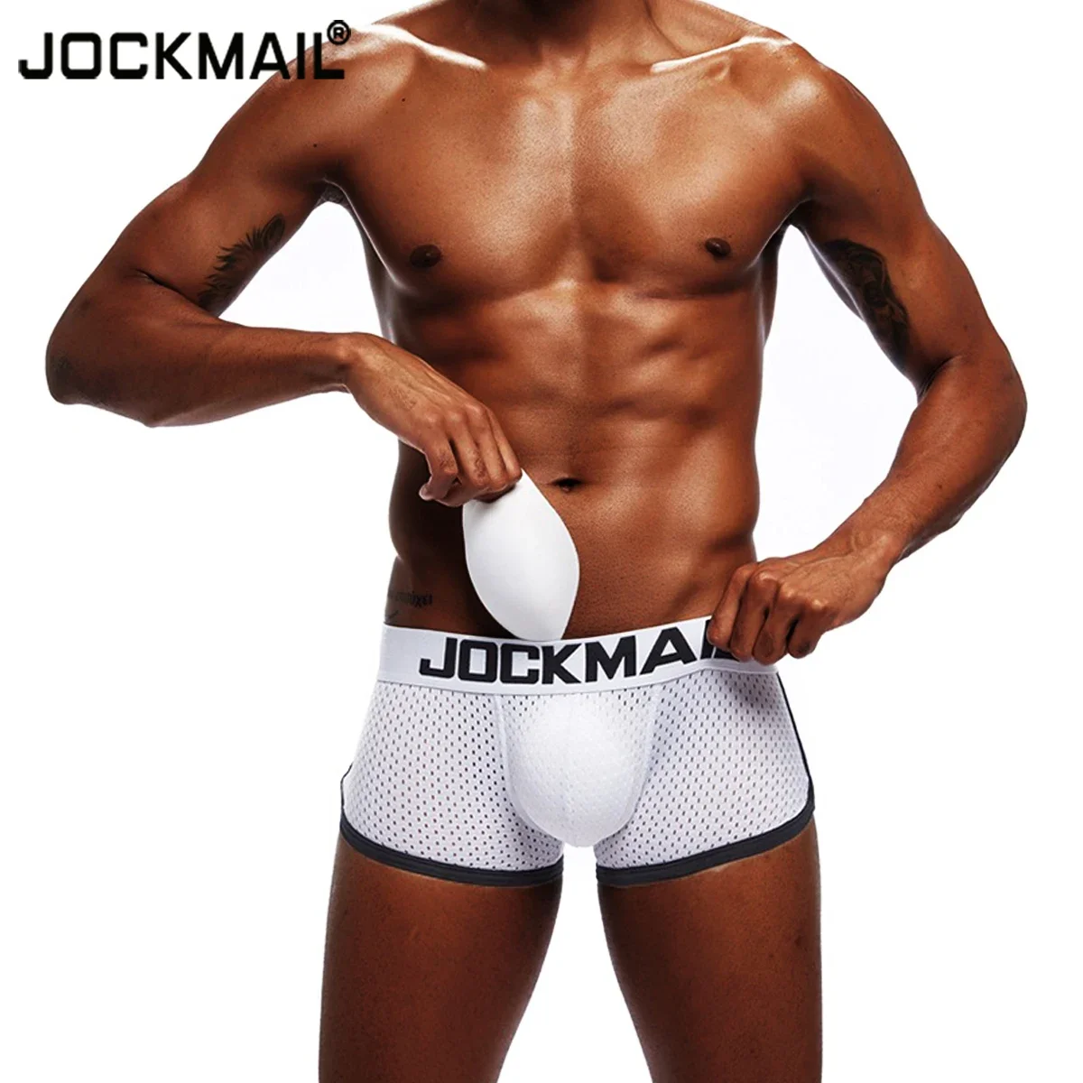 JOCKMAIL Cotton Boxer Men's Package and Butt Padded Underwear Enhancing Trunks Mesh Breathable Sponge Push Cup Pads Male Boxers