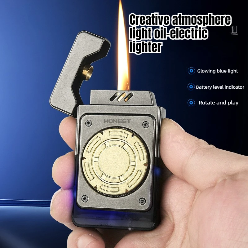 Briquet à commande vocale rotatif HONEST avec capteur de gravité, allumage par soufflage et pression, affichage de la batterie, charge rapide