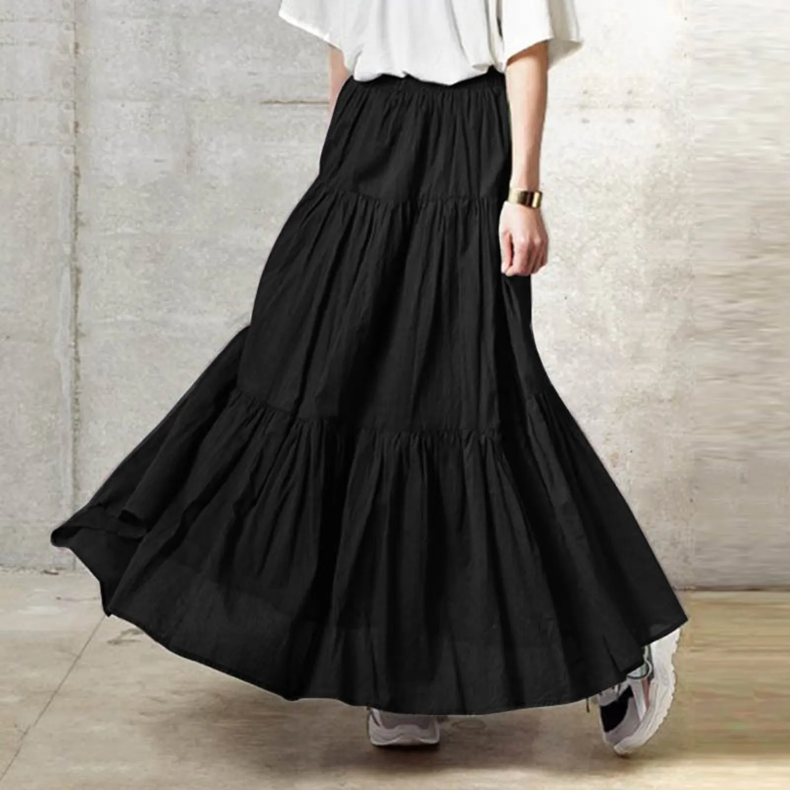 Ladies All-Match Solid Color Casual Ruffle Large Swing Hem Maxi Dress Women’s Office Lady Vintage A-Line Pleated Long Half Skirt