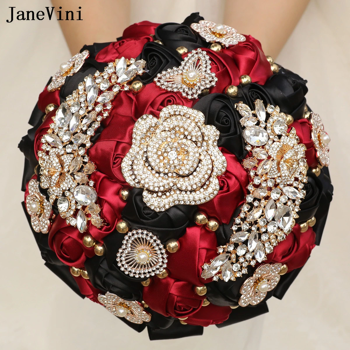 

JaneVini New Customized Dark Red Bridal Brooch Bouquets Sparkly Gold Rhinestones Artificial Satin Roses Wedding Bouquet Flowers