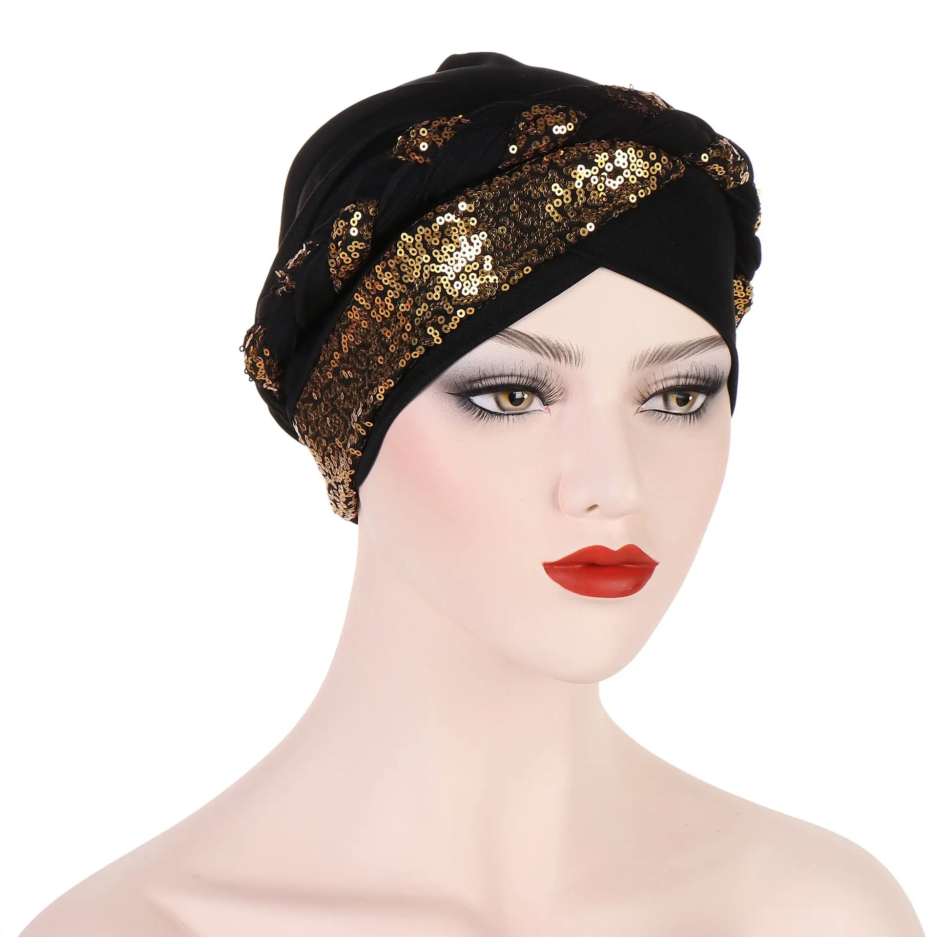 Muslim Turban Hats for women Twist sequin Braid Headwrap caps Pre tied Chemo Beanies Headwear for Cancer Head Accessories