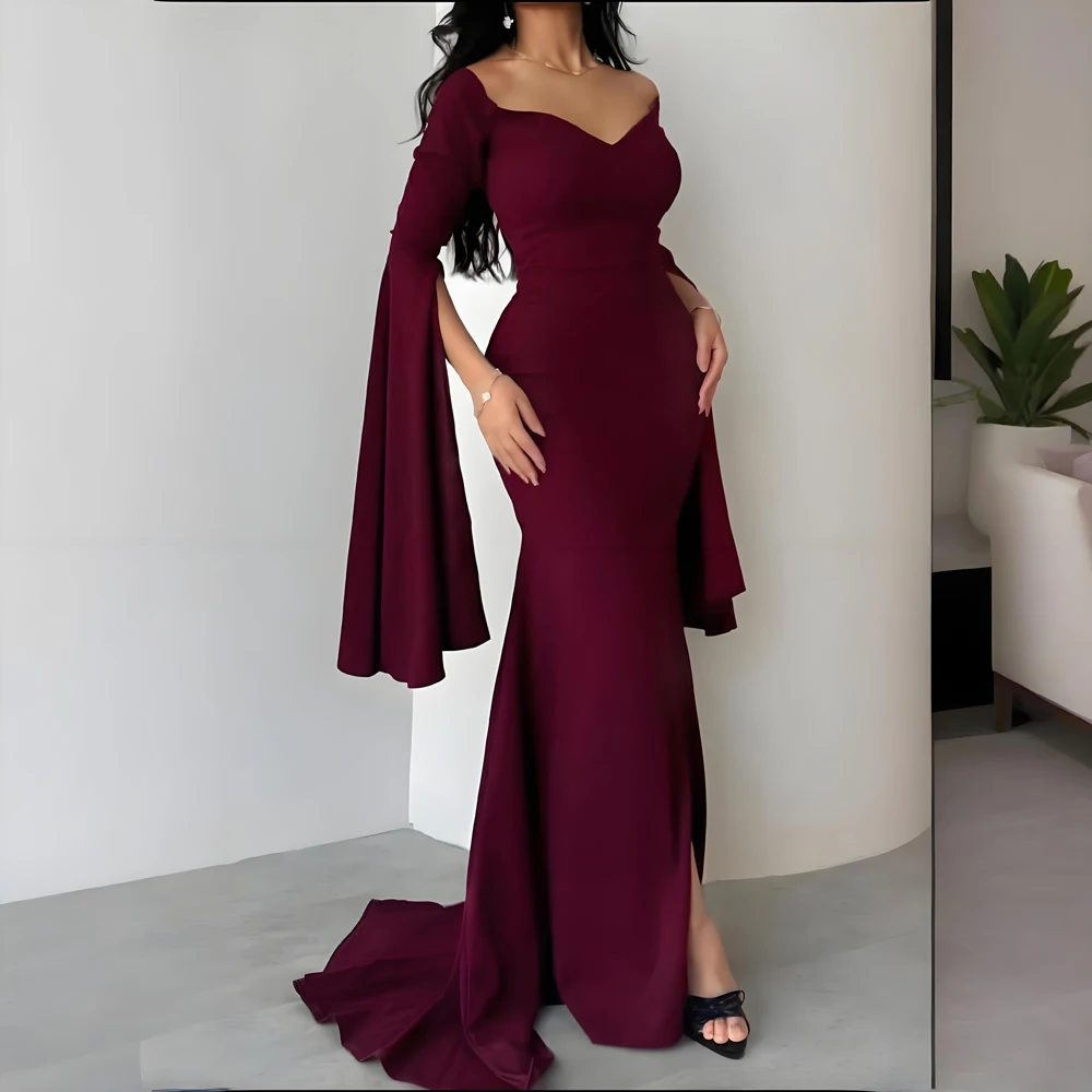

Бордовые Саудовские арабские вечерние платья русалки с длинными рукавами, сексуальные v-образным вырезом длиной до пола, вечерние платья для выпускного вечера robe de soiree