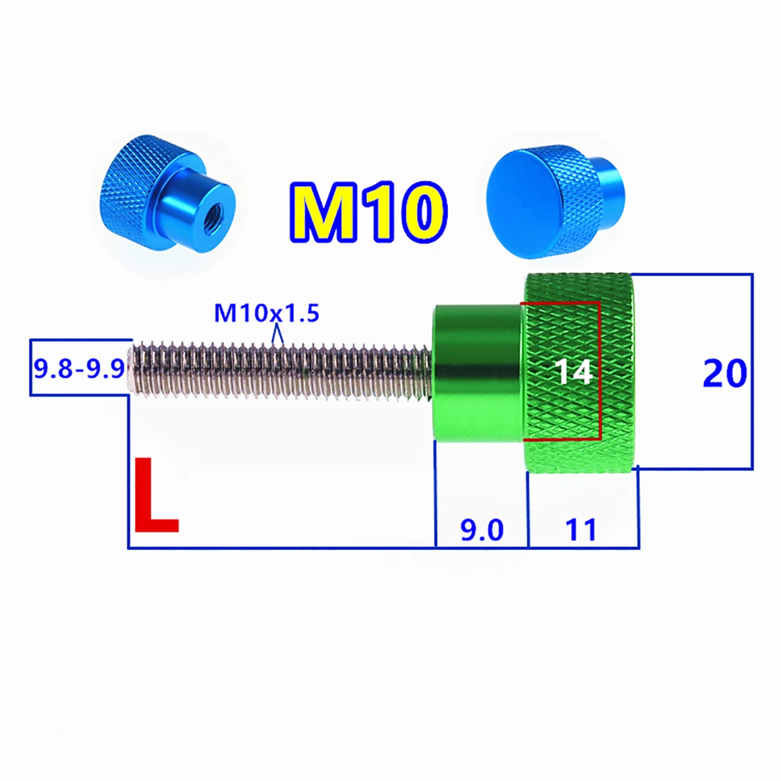 1Pcs Head Dia 20mm Colourful Thumb Screw M10 Aluminum Alloy+Stainless Steel Flat Head Knurled Hand Grip Knob Step Bolts