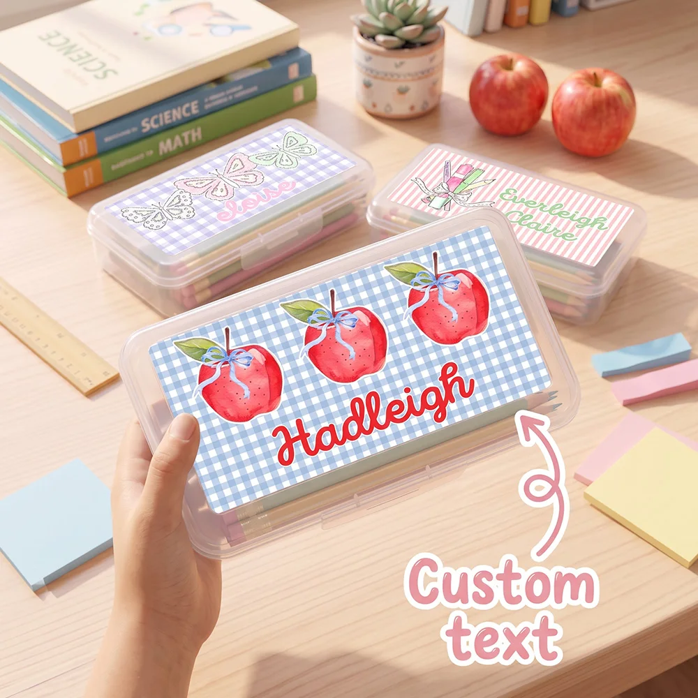 Custom Watercolor School Pencil Box, Personalized Name Clear Plastic Stationery Case, Butterfly Design, Back to School Gift