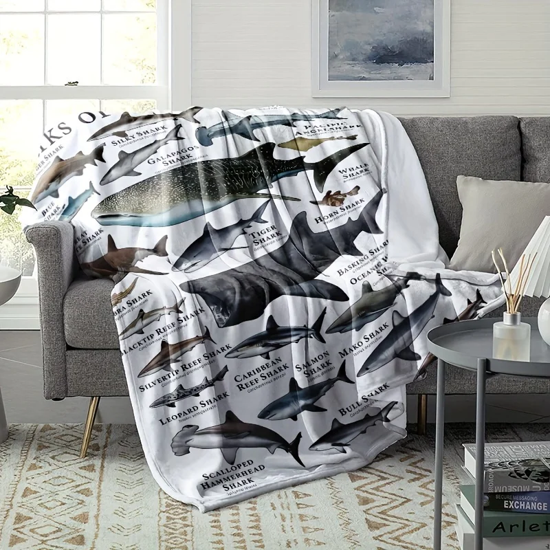 [1pc Educational Blanket] 1pc Hypoallergenic Educational Flannel Blanket - Sharks of the World | Durable, Tear-Resistant, Coasta