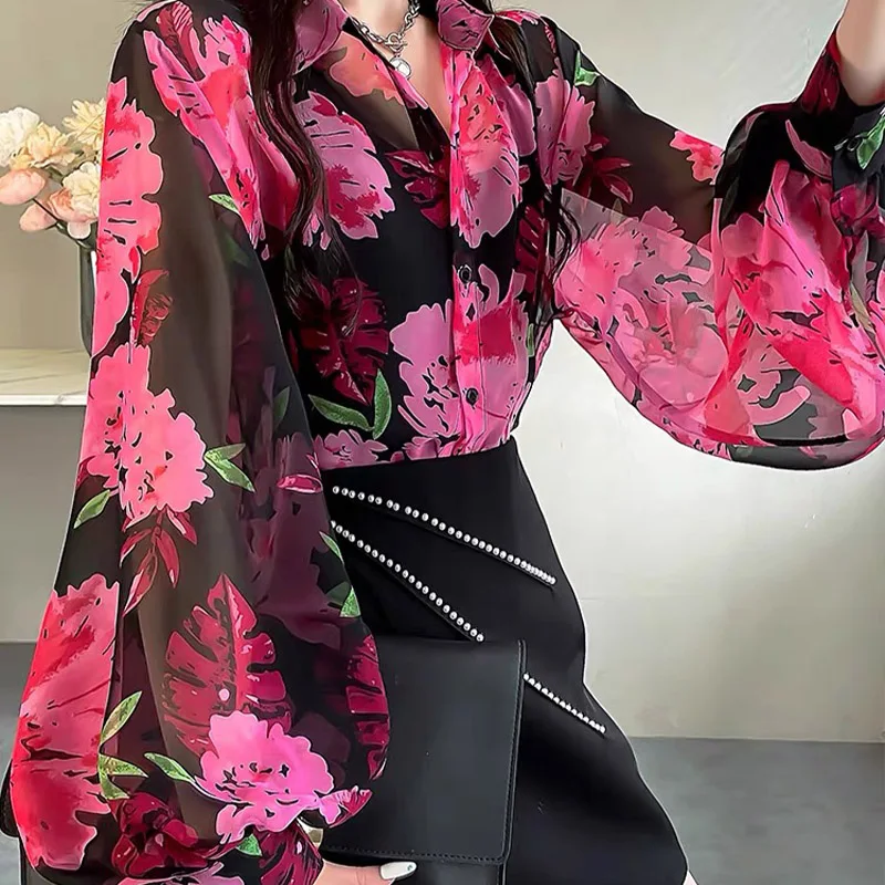 

Женская шифоновая блузка с длинным рукавом, Повседневная Свободная универсальная блузка во французском стиле, тонкий топ с принтом, весна-лето