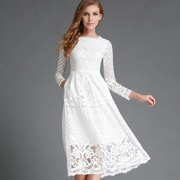 

2024 New Autumn Women's White Round Neck Lace Long Sleeve Slim Fit Mid Length Dress