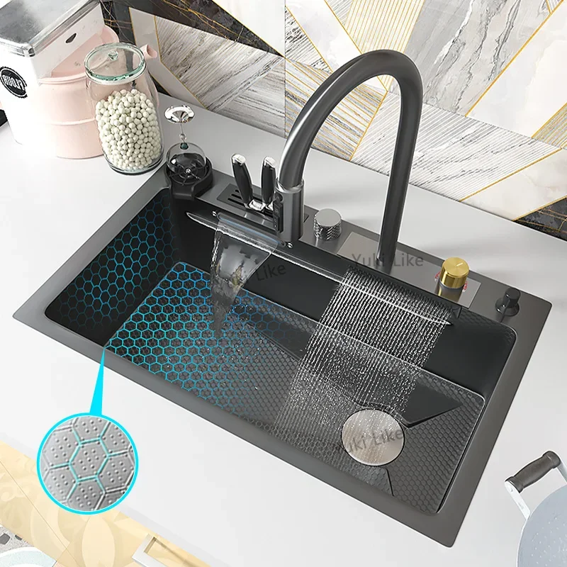 

Waterfall Sink Kitchen Sink Stainless Steel Embossed Large Single Slot Wash Basin With Waterfall Faucet Washing pond