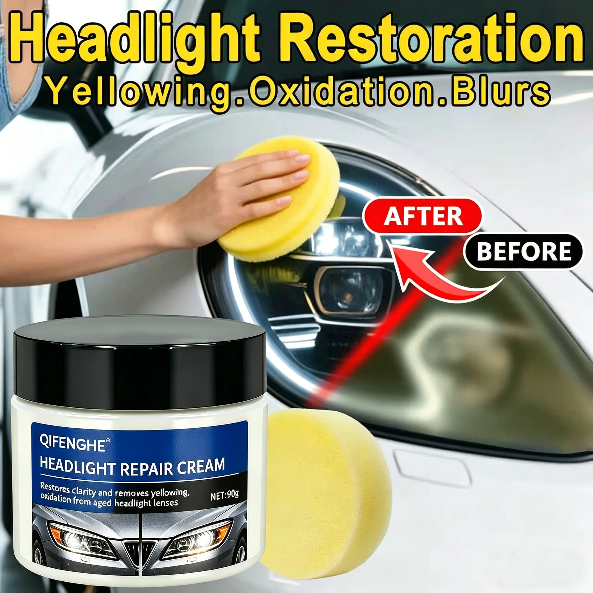 Foggy Headlight Repair Cream, Bring Yellowed Oxidized Lenses Back to Clear, Anti-UV, Restore Brightness