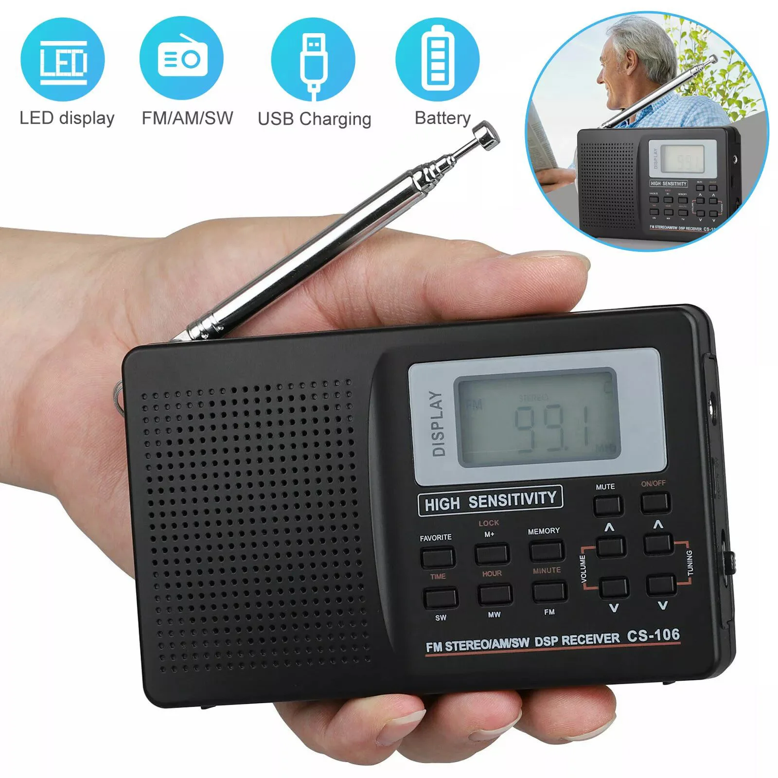 CS-106 Portable Full Band Radio FM/AM/SW/MW/TV Stereo DSP Digital Tuner with Alarm Clock Multi-Band Receiver for Seniors Home