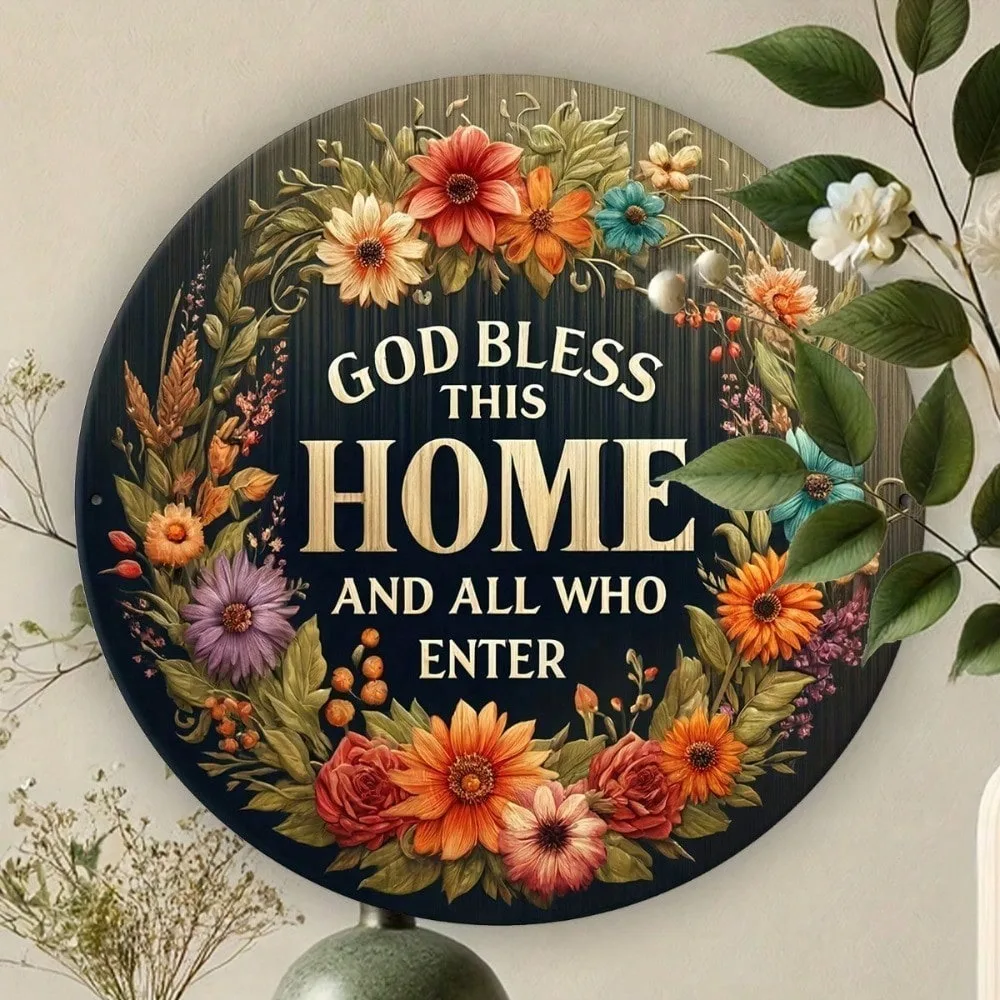 God Bless This Home Metal Welcome Sign - 8-Inch Wreath Design for Front Door/Porch, Home/Room/Wall Decor, Birthday Graduation Gi