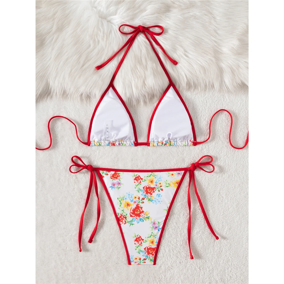 Sexy, rot gemustertes, hoch geschnittenes Damen-Bikini-Set mit Blumenmuster, zweiteiliger Badeanzug, Badebekleidung, Badeanzug, Modell V7058. – Detail 6