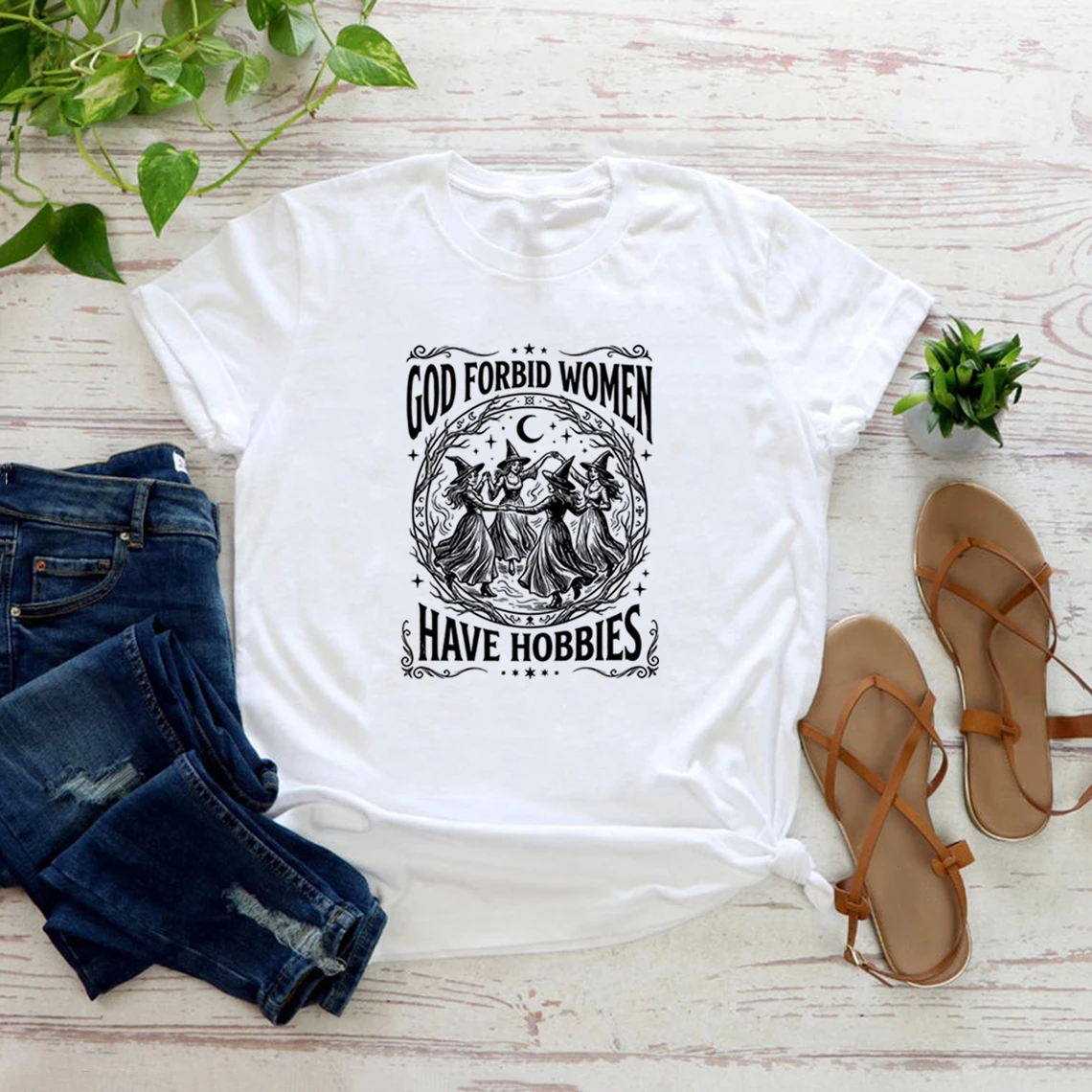 God Forbid Women Have Hobbies T-Shirt Halloween Feminist Witch Shirt Vintage Witchy Meme Graphic Tees Short Sleeve T-shirt Tops