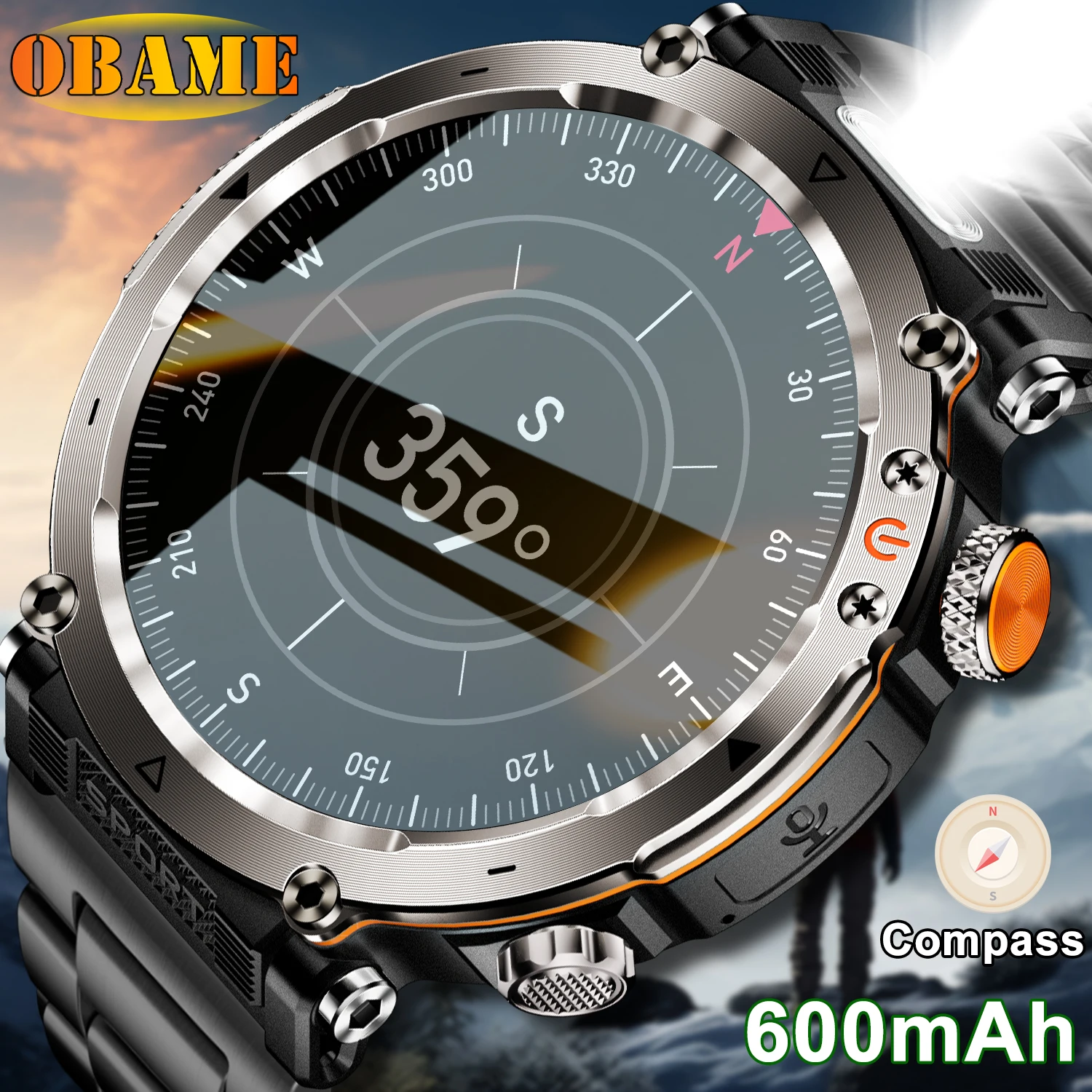

2025 уличные умные часы для мужчин 600 мАч светодиодный фонарик SmartWatch компас Bluetooth вызов пульсометр 5ATM IP68 водонепроницаемые умные часы
