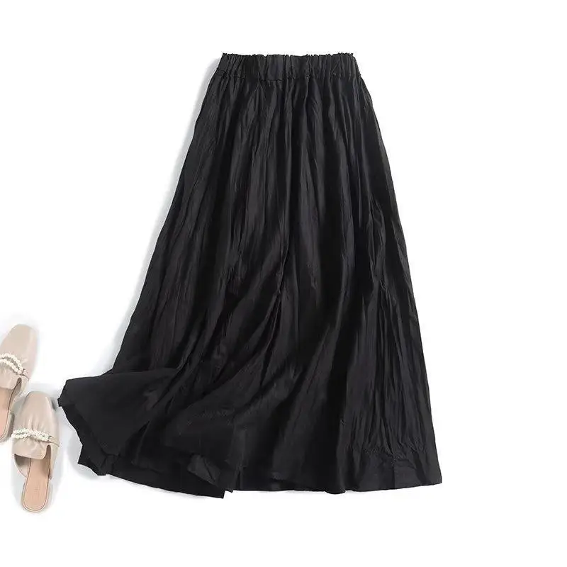 Maxdutti Southern French Elegant Women's Skirt Coffee Color Cotton Linen Temperament Commuting Pleated Midi Skirt Woman Clothes