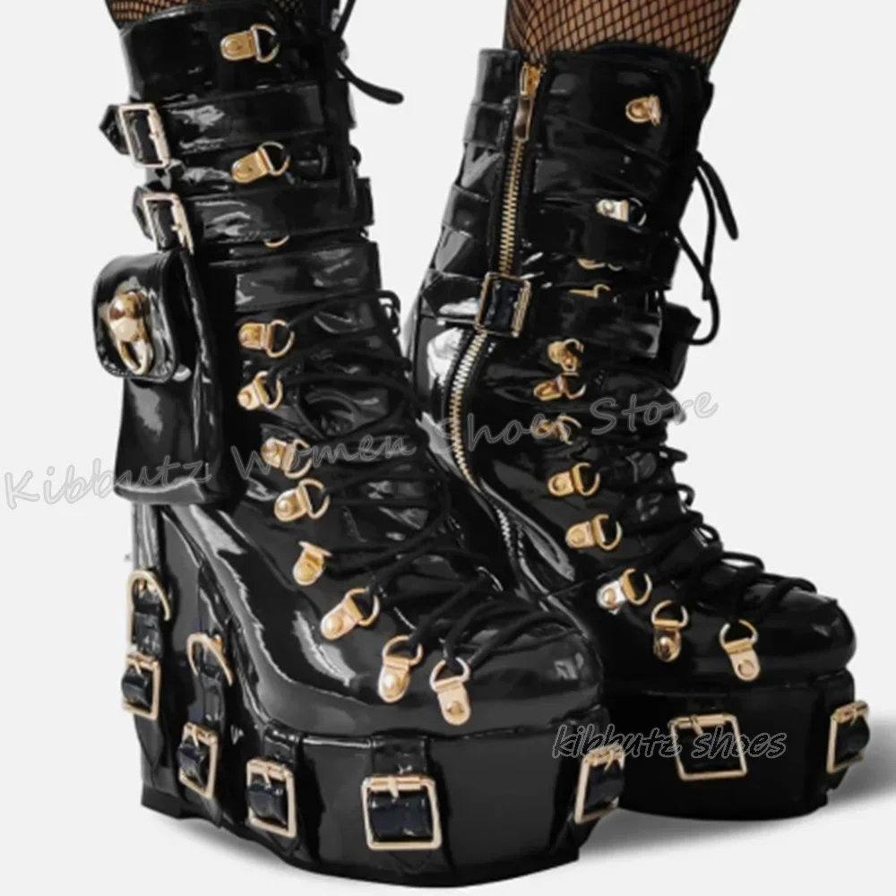

Metal Decor Ankle Motorcycle Boots Pockets Lace-Up Belt Buckle Genuine Leather Solid Color Fashion Elegant Concise Women Shoes