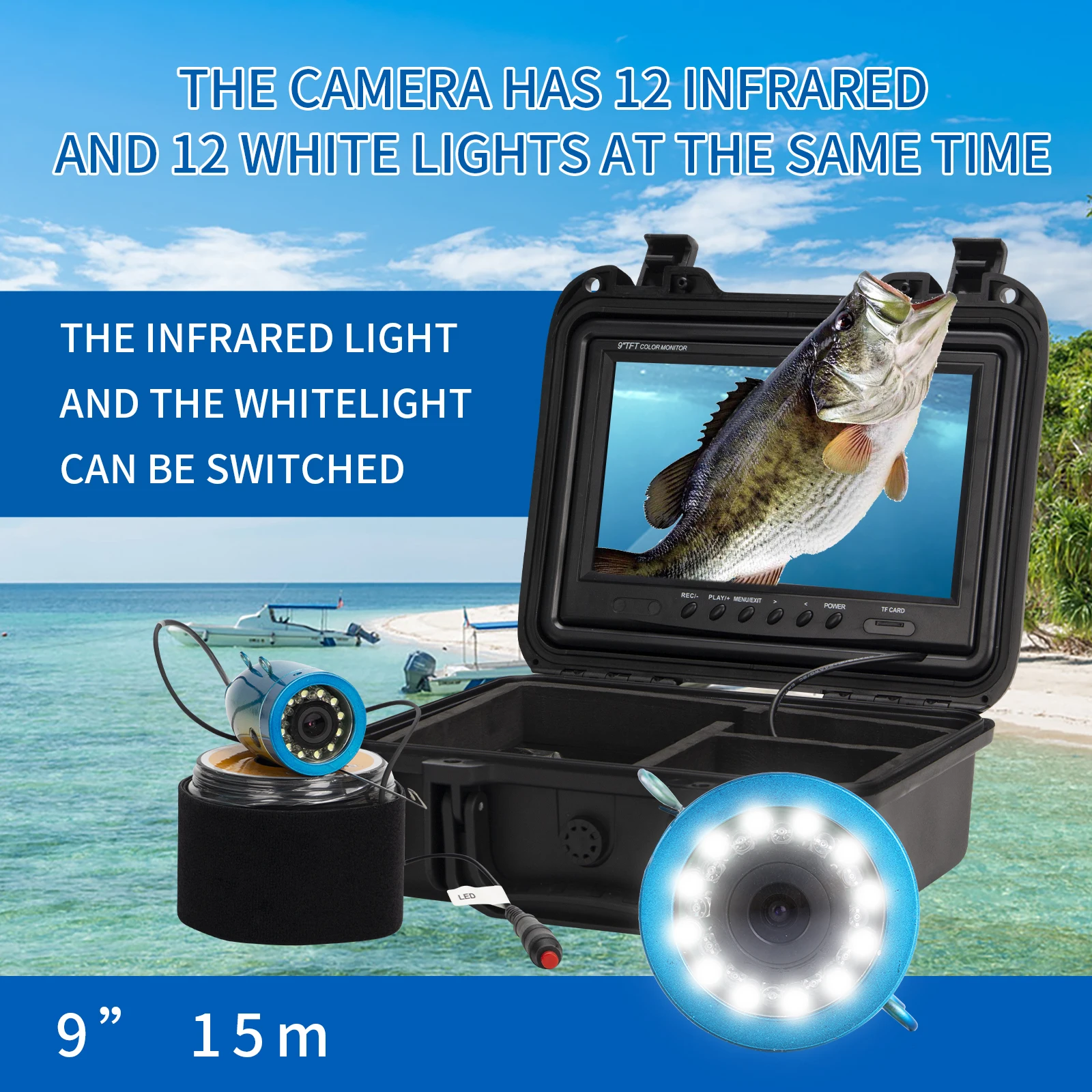 SYANSPAN DVR 9" Monitor Video Camera IP68 Waterproof HD 1200TVL 24 LEDs Infrared/White Light Deep Well Underwater Exploration