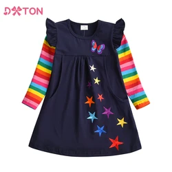 DXTON Girl Casual Dress Kids Cotton Dresses Long Sleeve Butterflies Star Girls Straight Dress Cartoon Costumes Children Clothing