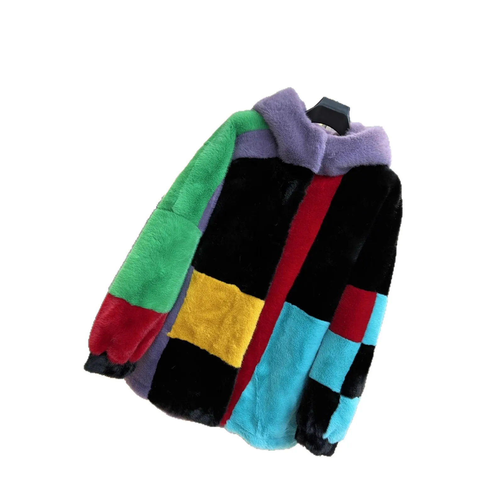 2025 Autumn Winter New Fashion Korean Style Casual Mid-Length Hooded Color-Block Versatile Faux Fur Coat for Women