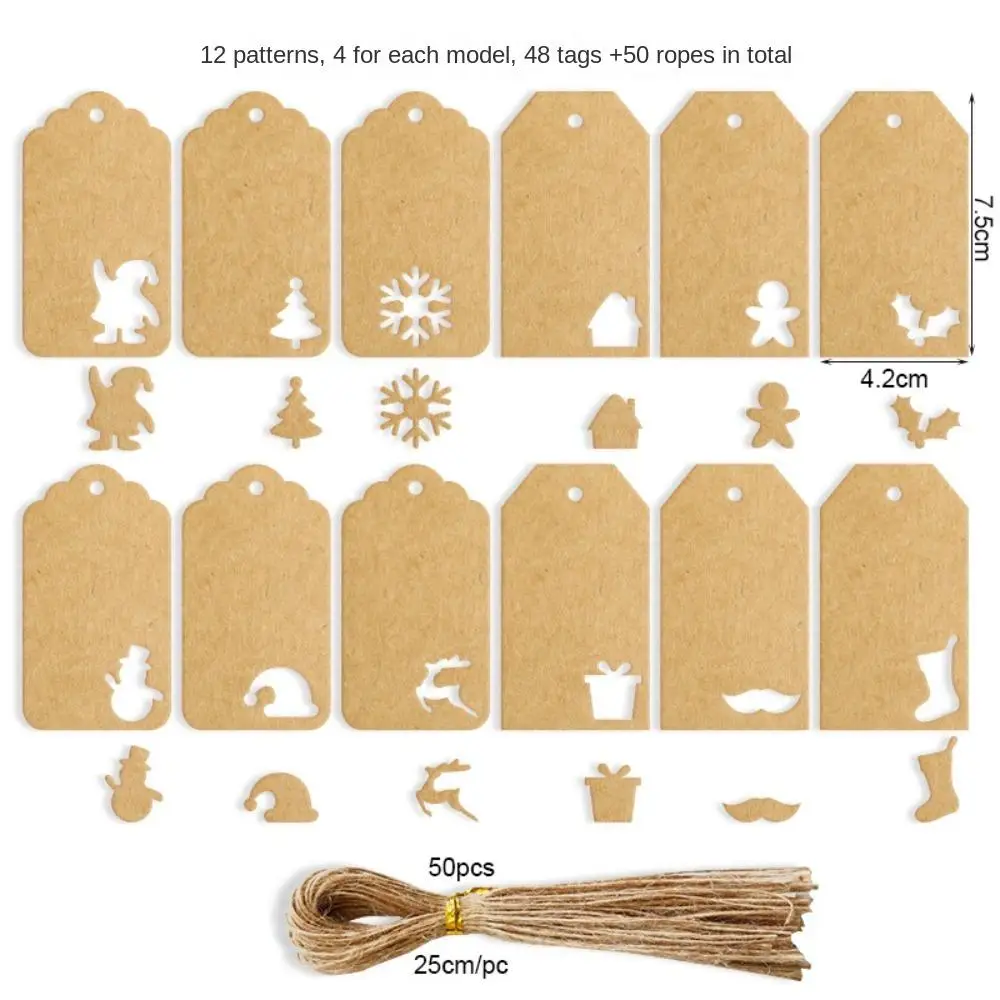 48/96/144pcs Christmas Tree Shape Gifts Labels Santa Claus Printed Crafts Gift Wrapping DIY Snowman Kraft Paper Tags New Year