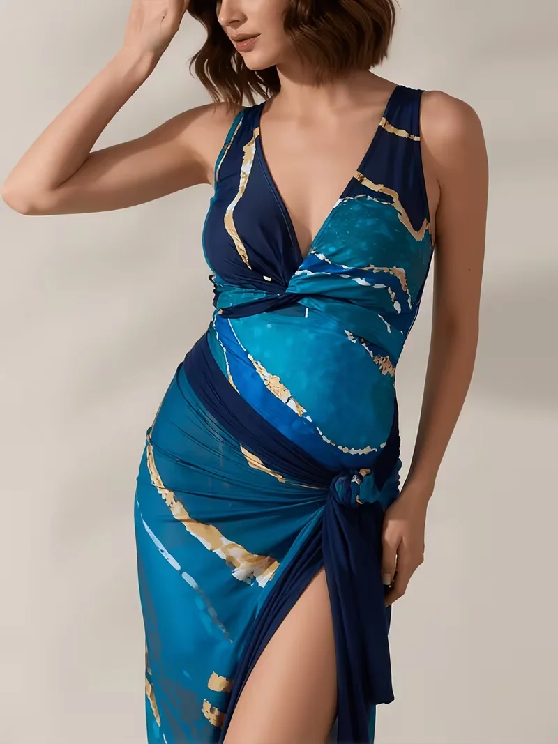 Women's Two-Piece Swimsuit Set, Beach Vacation, Elegant Blue Marble Pattern, with Mesh Skirt
