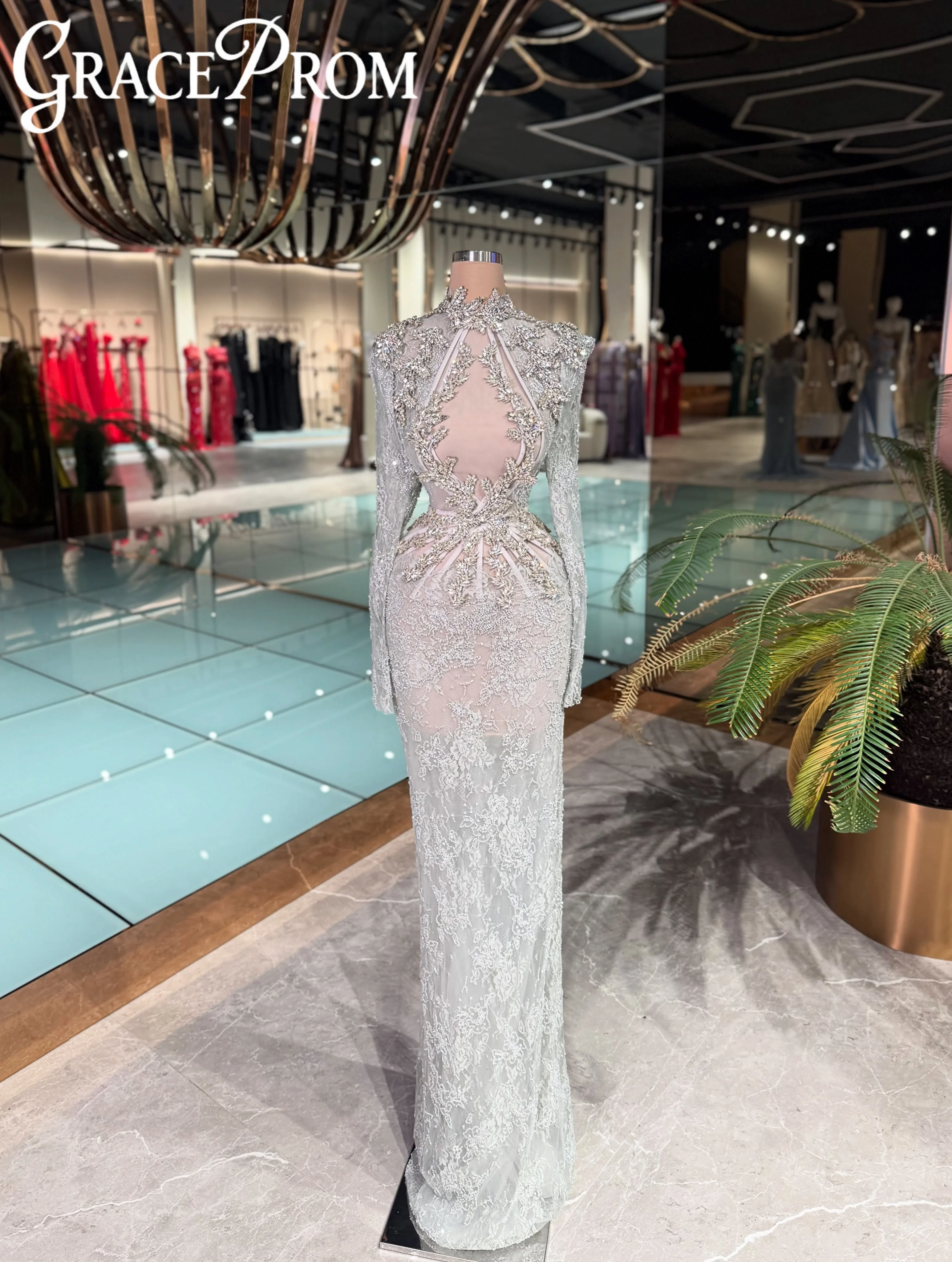 Embroidered Lace Dreamy Evening Dress Luxurious Silver Crystal Party Gown 2026 Customized Fashion Straight Long Banquet Gowns