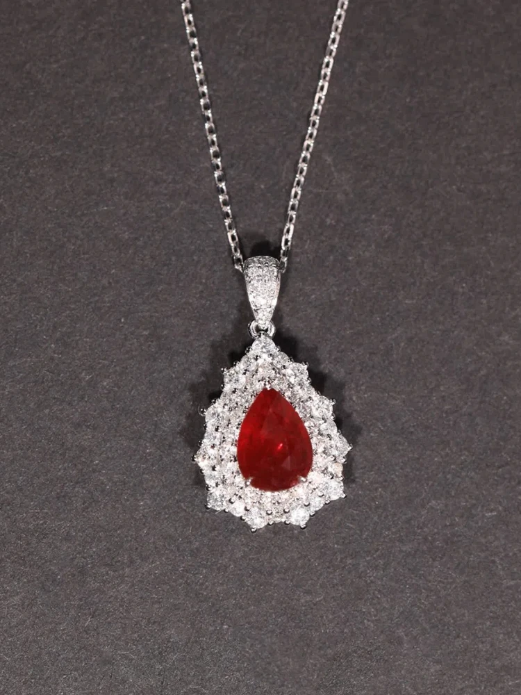 

S925 Sterling Silver Women's Necklace Red Zircon Water Drop Pendant Necklace Jewellery for Women Daily Wear Holiday Party Gifts