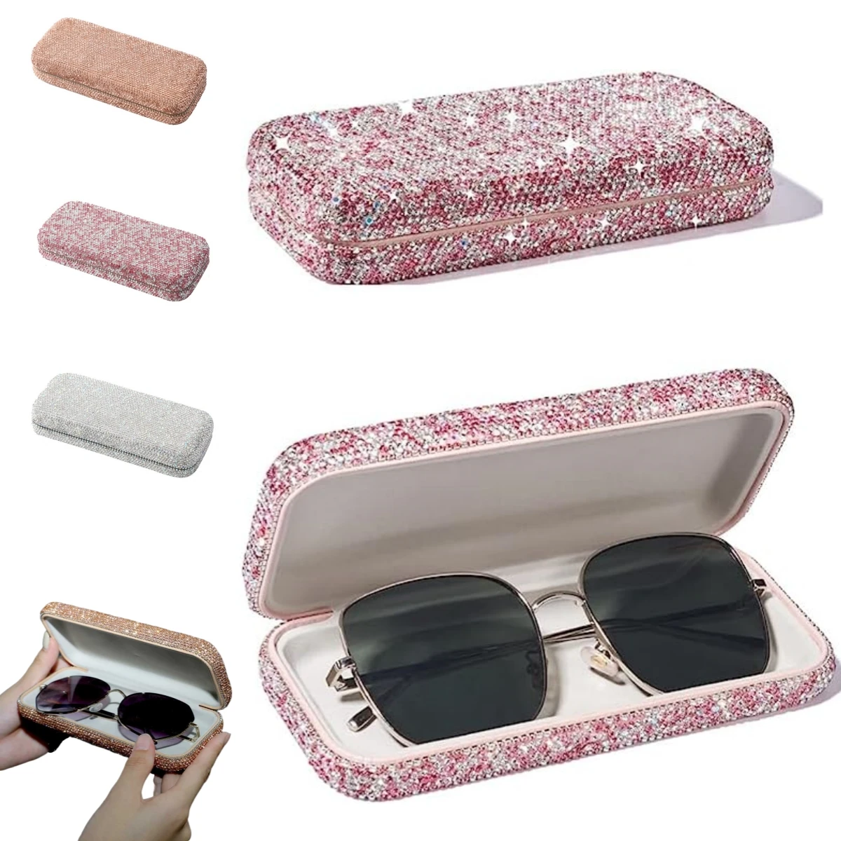 Sparkling Portable Protective Case for Sunglasses Glasses Diamond-Encrusted Hard Shell Shining Eyeglasses Cases for Women Men