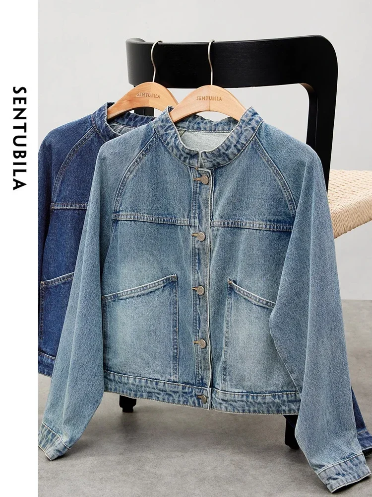 SENTUBILA Cropped Denim Jacket Coat For Women 2025 Spring Casual Stand Collar Long Sleeve Cotton Jeans Jackets Outwear W33W50369 - Image 6