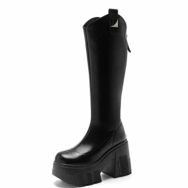 Bottes en cuir au genou pour femmes, microcarence, chaud, mode britannique, fermeture éclair, rinçage, printemps, plateforme, chaussures compensées, automne, 11cm