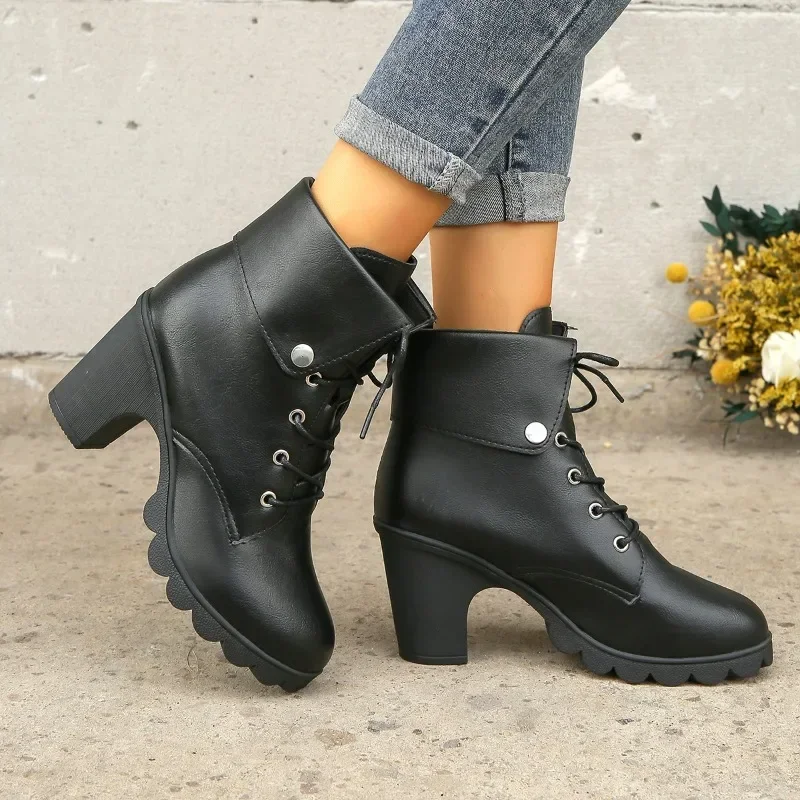 2024 New Hot Selling Fashion Women's Shoes Women's Boots Winter Ankle Boots Women's Cuffed Round Toe Lace-up Block Heels