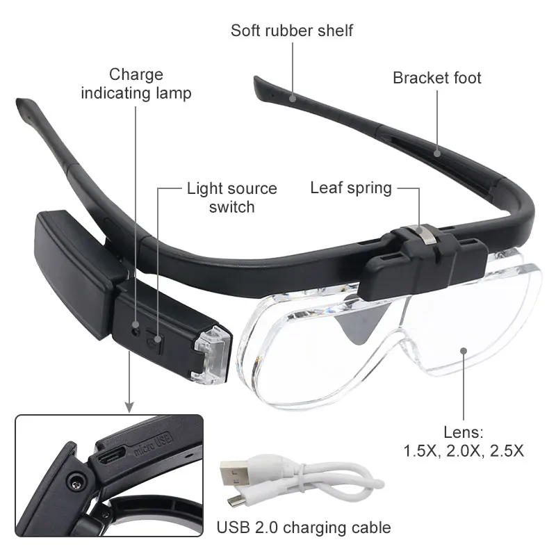 LED Magnifier for Repair 2.5X 2X 1.5X Loupes for Embroidery USB Charging Reading Magnifying Glasses Electronic Soldering Glasses