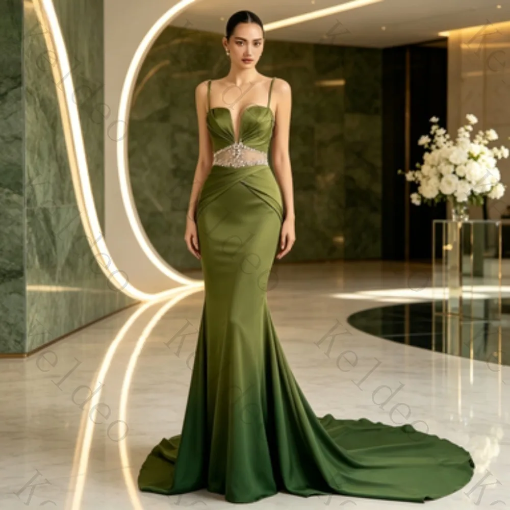 Customized Women Spaghetti Strap Mermaid Evening Dress Deep Sweetheart Rhinestone Waist Cutout Gradient Floor Length Formal Gown
