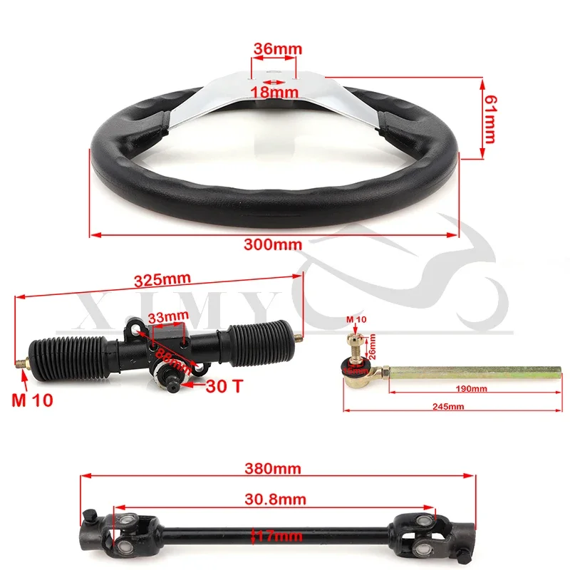 

300mm Steering System Steering Wheel Set for 110CC Go Kart Trolley Rack Adjustable Axle Steering Knuckle Re-ignition Accessories