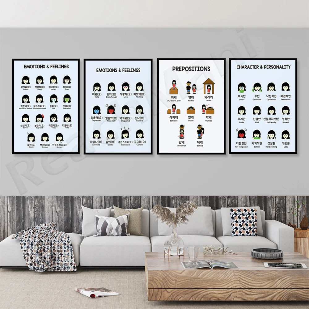 التحضير والشخصيات والكلمات في المطبوعات الكورية والعواطف الكورية والهنجول وملصق تعلم المفردات الكورية
