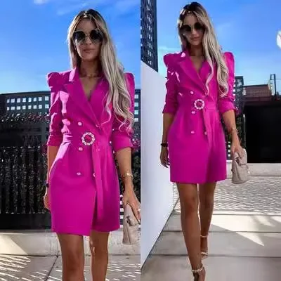 2024 Autumn Slim Blazer Dress Women Elegant Double Breasted Office Lady New Casual Button Belt Mini Dresses Solid Party