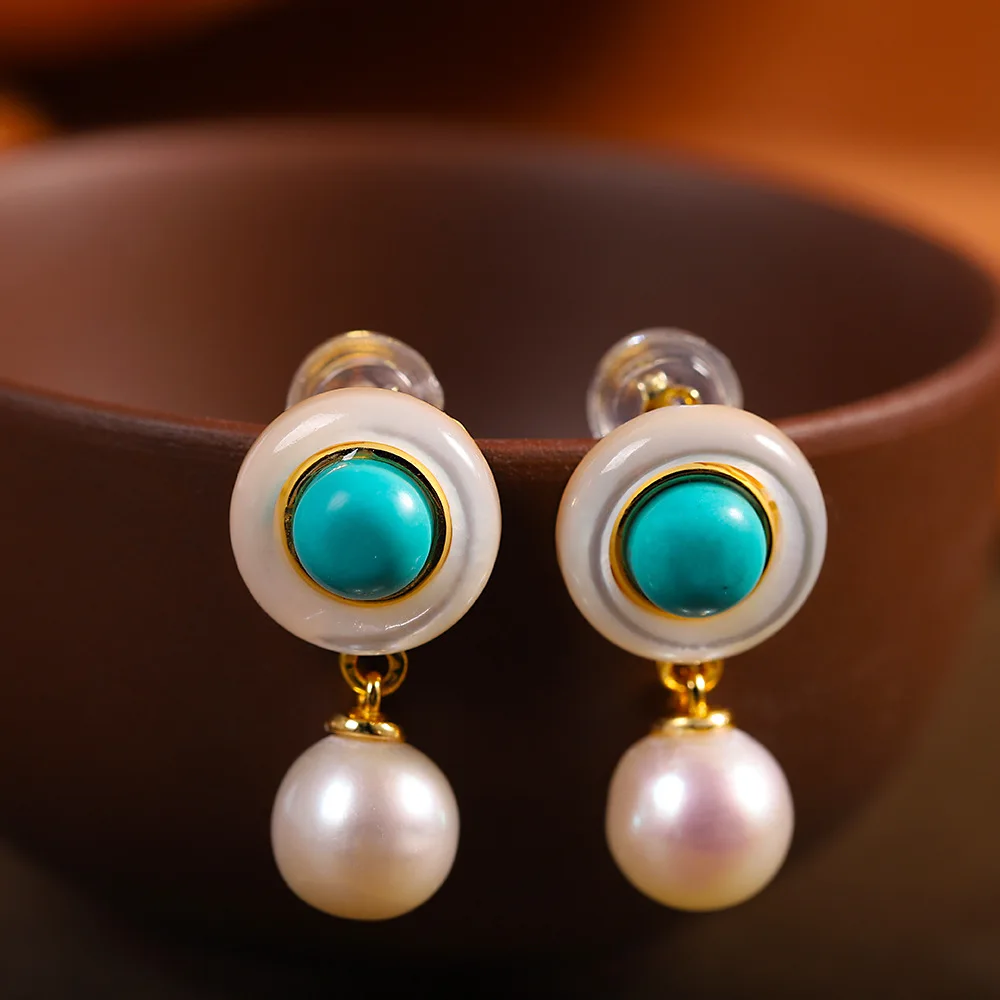 

Uglyless Luxury Natural Turquoise Earrings Women Pearls Lapis Studs Earrings Real 925 Sterling Silver Brincos Shell Jewelry