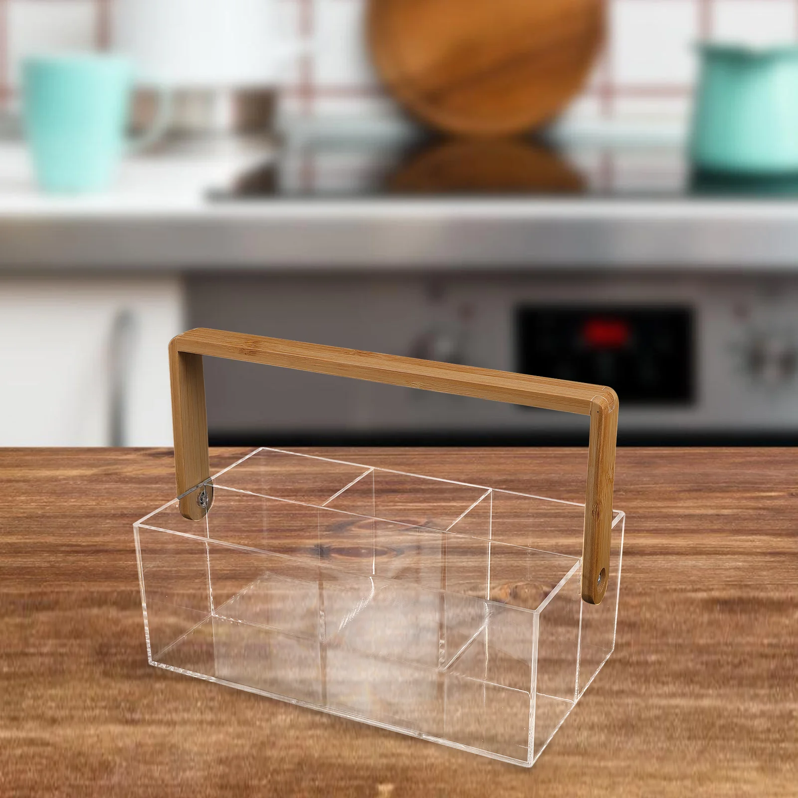 

Transparent Utensil Storage Box Acrylic Spoon and Fork Organizer with Bamboo Handle for Tableware Organization Portable Picnic