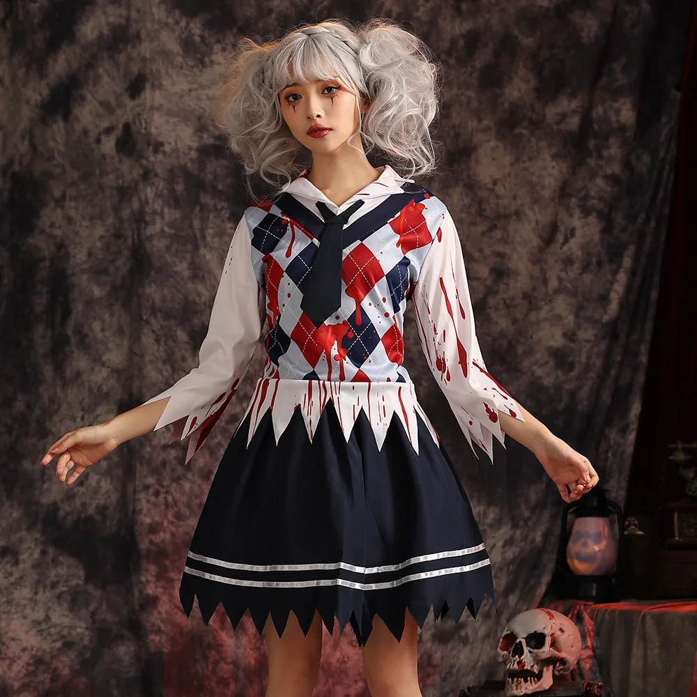 Halloween Costume Bloodstain Student Uniform Sets Girls Woman Zombie Vampire Clothes Children Horror Theme Party Outfits