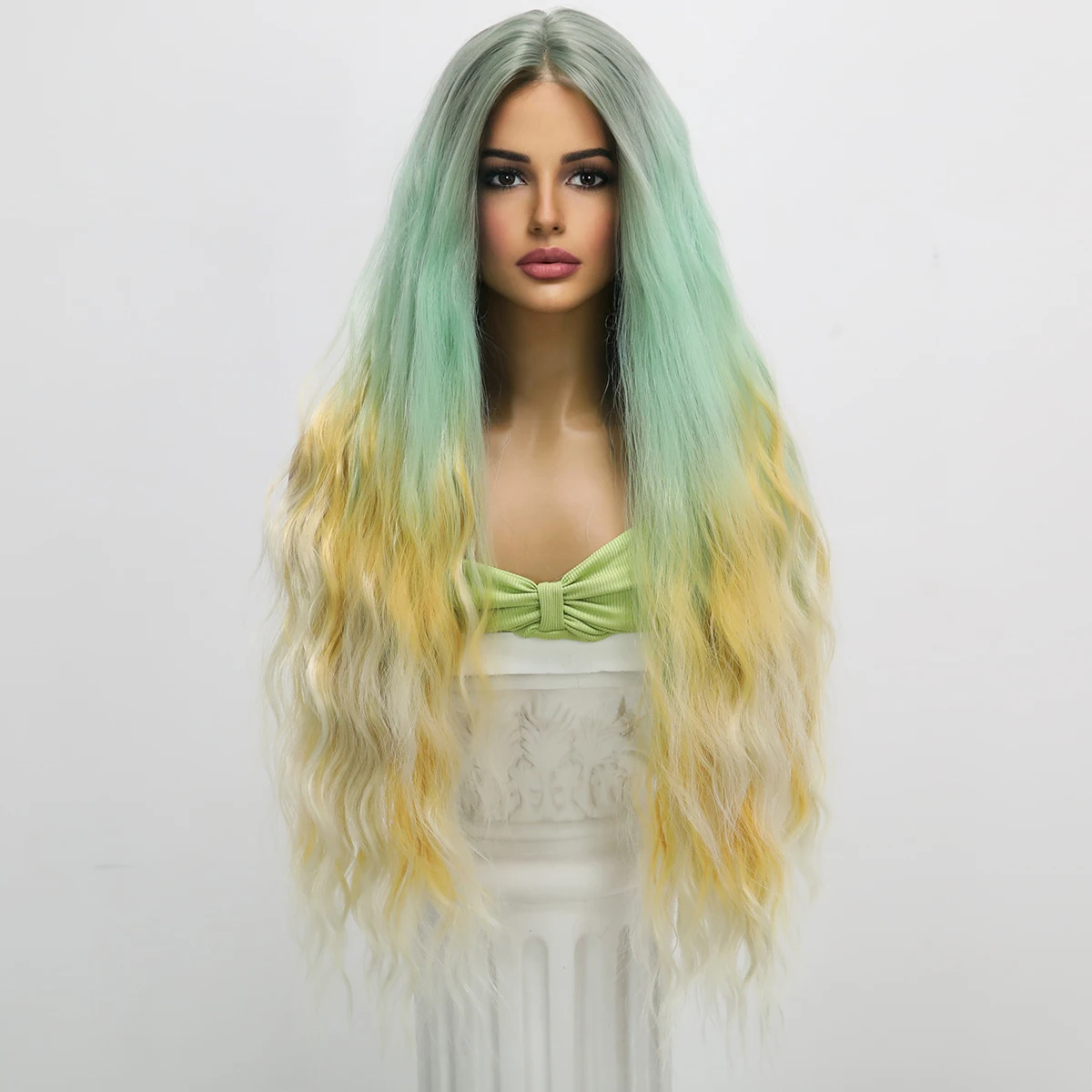 

Daily Gold Gradient Green Synthetic Wig For Women With Large Wavy Long Hair Natural Role-Playing Party Heat-Resistant