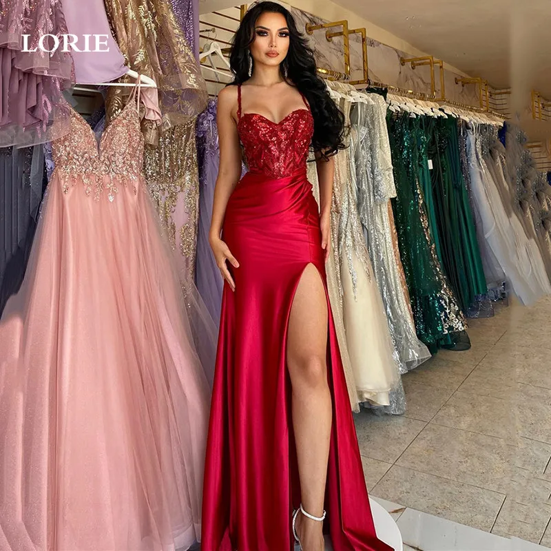 LORIE czerwona koronkowa ukochana syrenka formalne suknie wieczorowe paski Spaghetti boczne rozcięcie letnie suknie na bal maturalny suknia wieczorowa