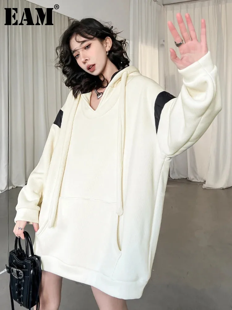 [EAM] Color-block Thick Sweatshirt New Hooded Long Sleeve Loose Fit Women Big Size Fashion Tide Spring Autumn 2023 1DH4376