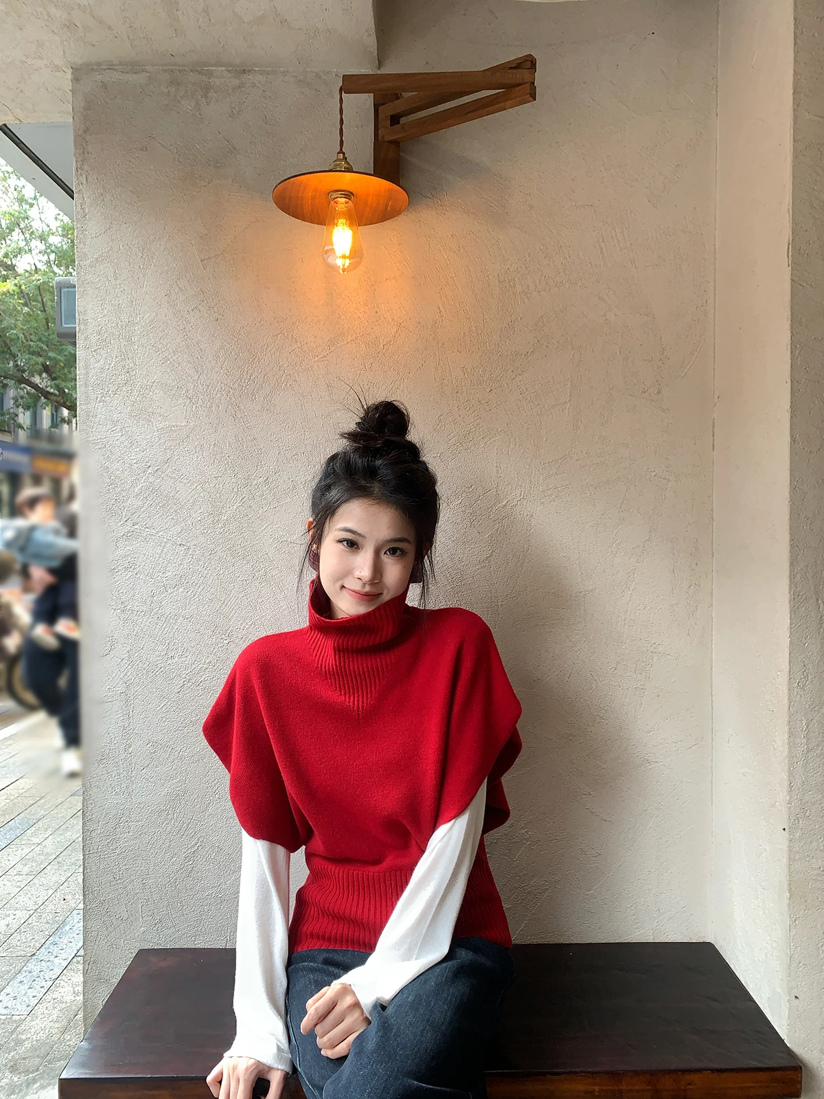 

Yellow Bright Elovey 00% Wool Sweater Vest High Collar Batwing Sve Waist Cinched Paper Doll Sle Casual Loose Fit Women'...