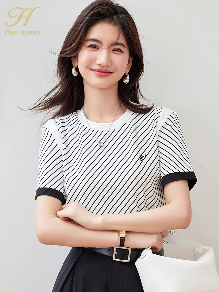 H Han Queen Summer Female Clothing Simple Office T-Shirt Short Sleeve Tops Casual Korean Style Vintage Stripes Loose Tee Women