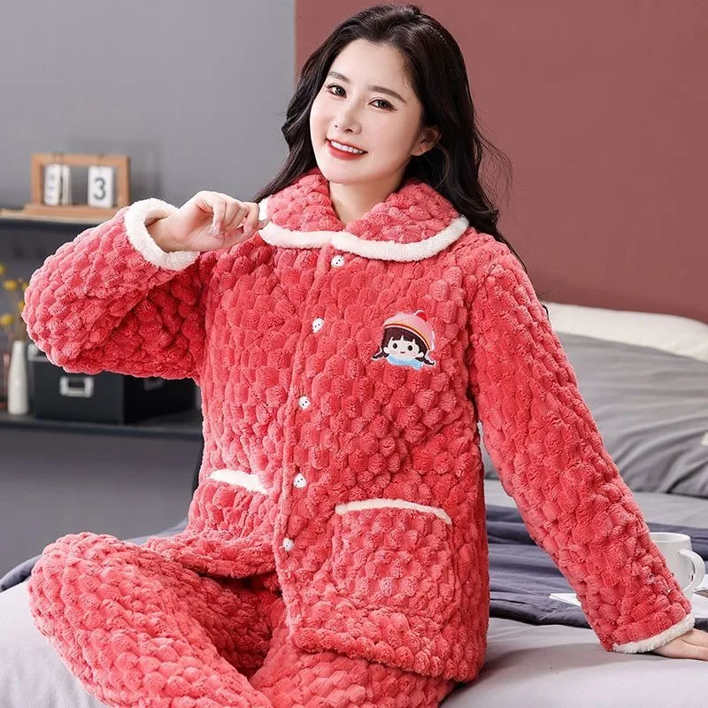 2024 New Women Winter Pajama Thickened Velvet Scarab Velvet Loungewear Warm Three-layer Cotton Sleepwear Autumn Flannel Homewear