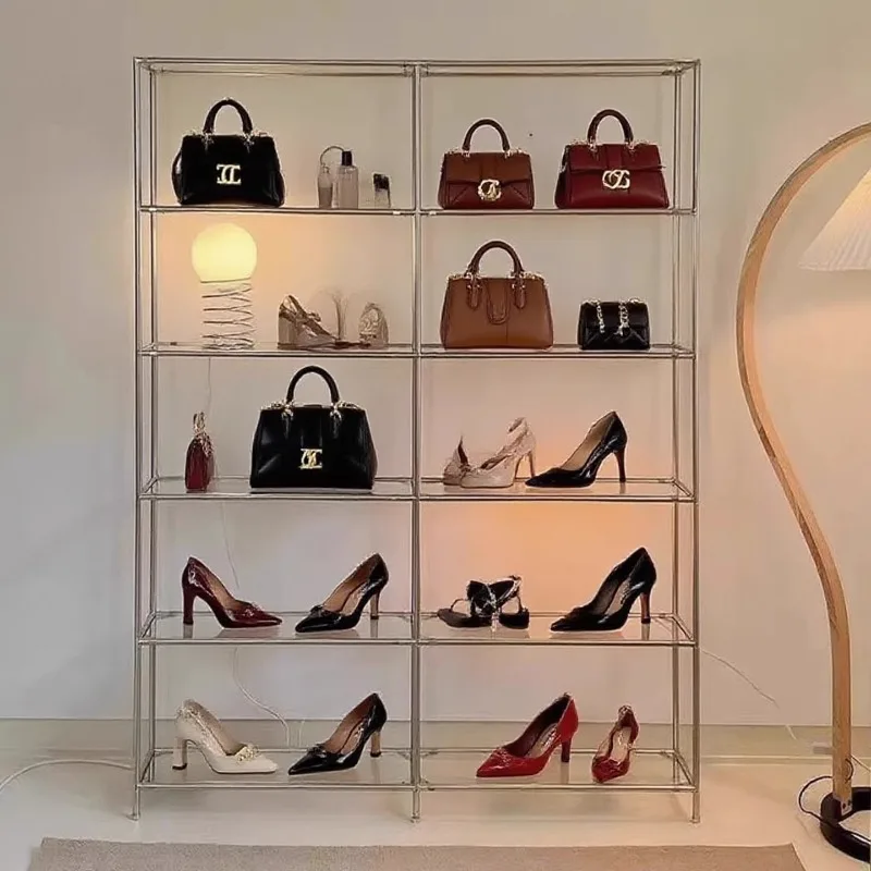 Medieval stainless steel shelves, shoe and bag display racks, cosmetic sample shelves