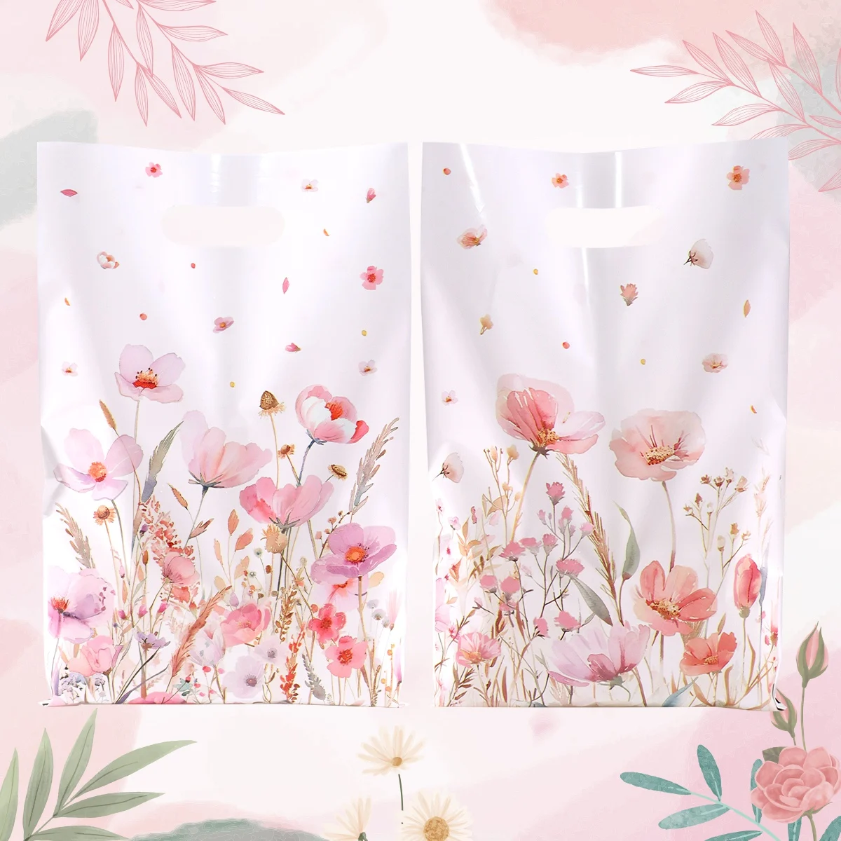 10/20/50 Stück rosa Blumen-Geschenktüten aus Kunststoff mit gemischtem Blumenmuster für Frühling, Sommer, Feiertage, Geburtstagsfeiern, Dekorationen – Detail 9