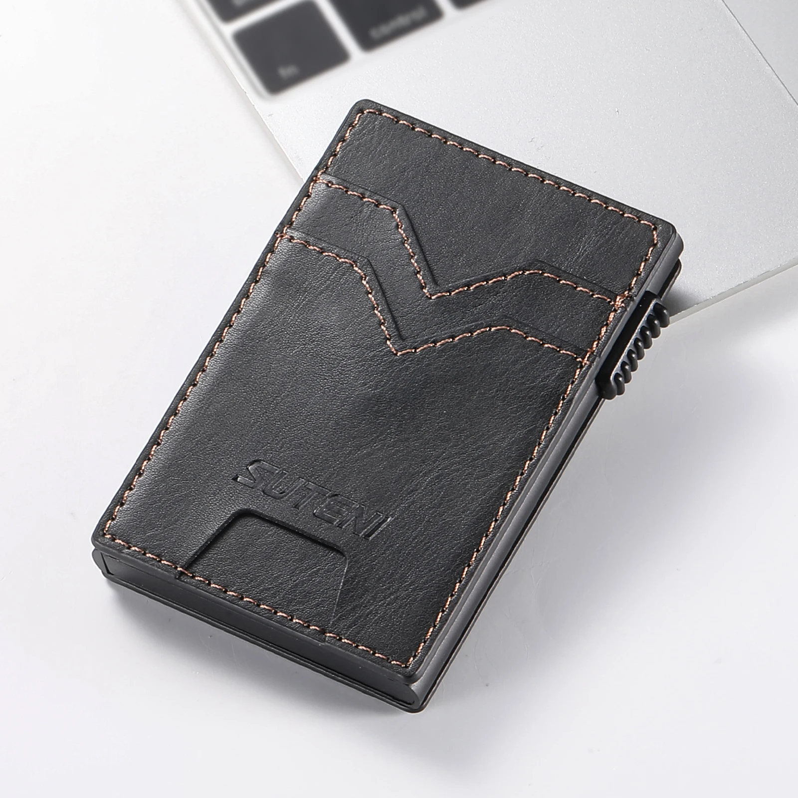 SUTENI für Herren-Geldbörse, Kartensteckplatz, Kunstleder-Geldbörse, Kartenbox, die den Knopf drückt automatisch die Karte – Detail 8