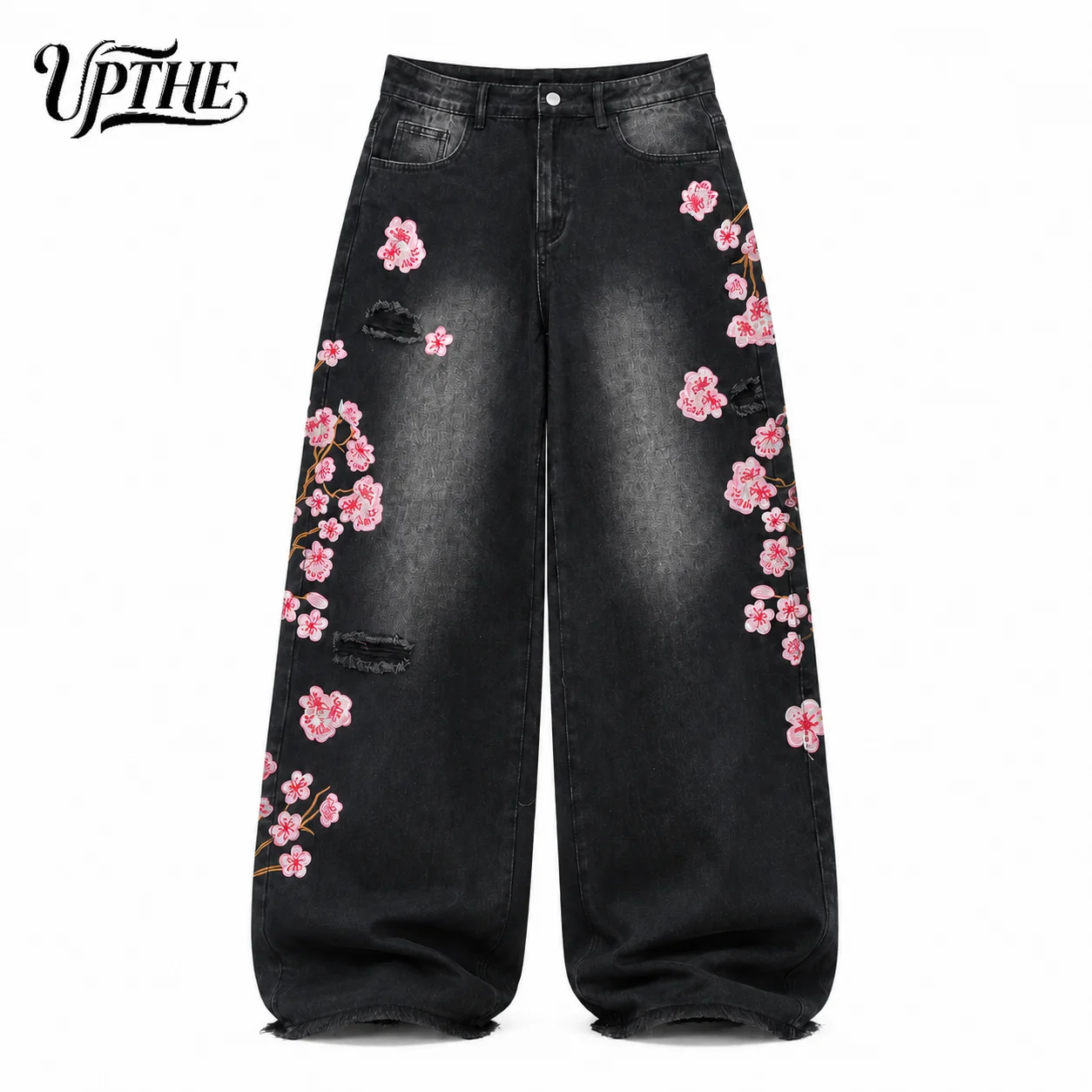 UP.THE Men Vintage Black Baggy Wide Leg Jeans, Y2K Oversized Loose Pink Cherry Blossom Embroidery Denim Pants, Oriental Streetwear Trousers for Daily Outfits